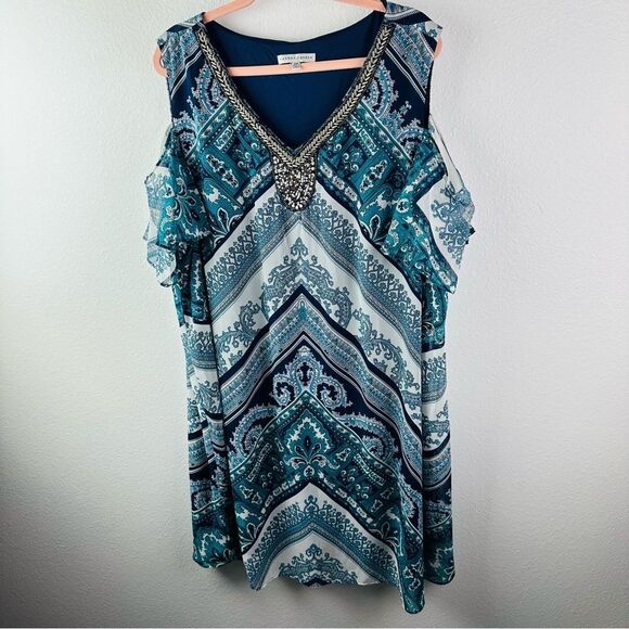 Sandra Darren Boho Beaded Lined Cold Shoulder Knee Length Dress Size 22W - Picture 1 of 4